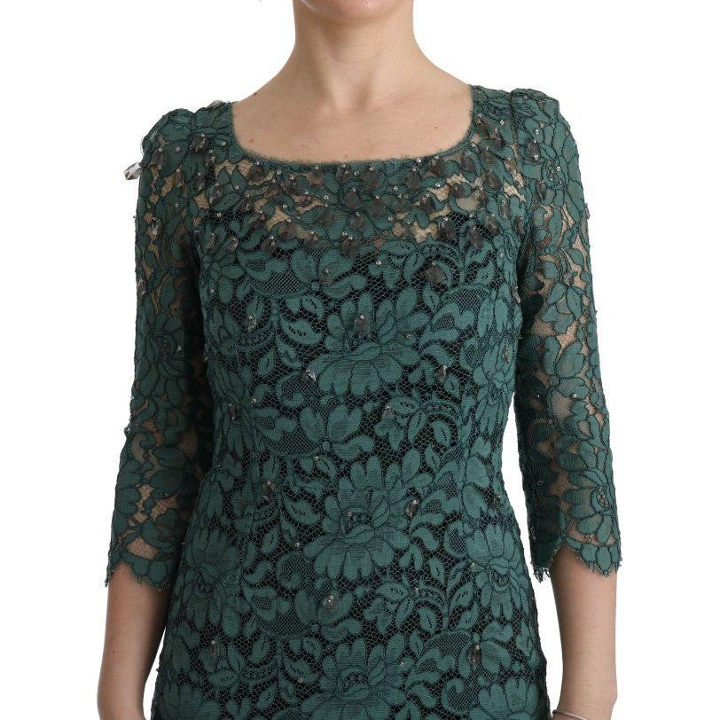Dolce & Gabbana Green Floral Crystal Ricamo Sheath Dress SIG60589-1