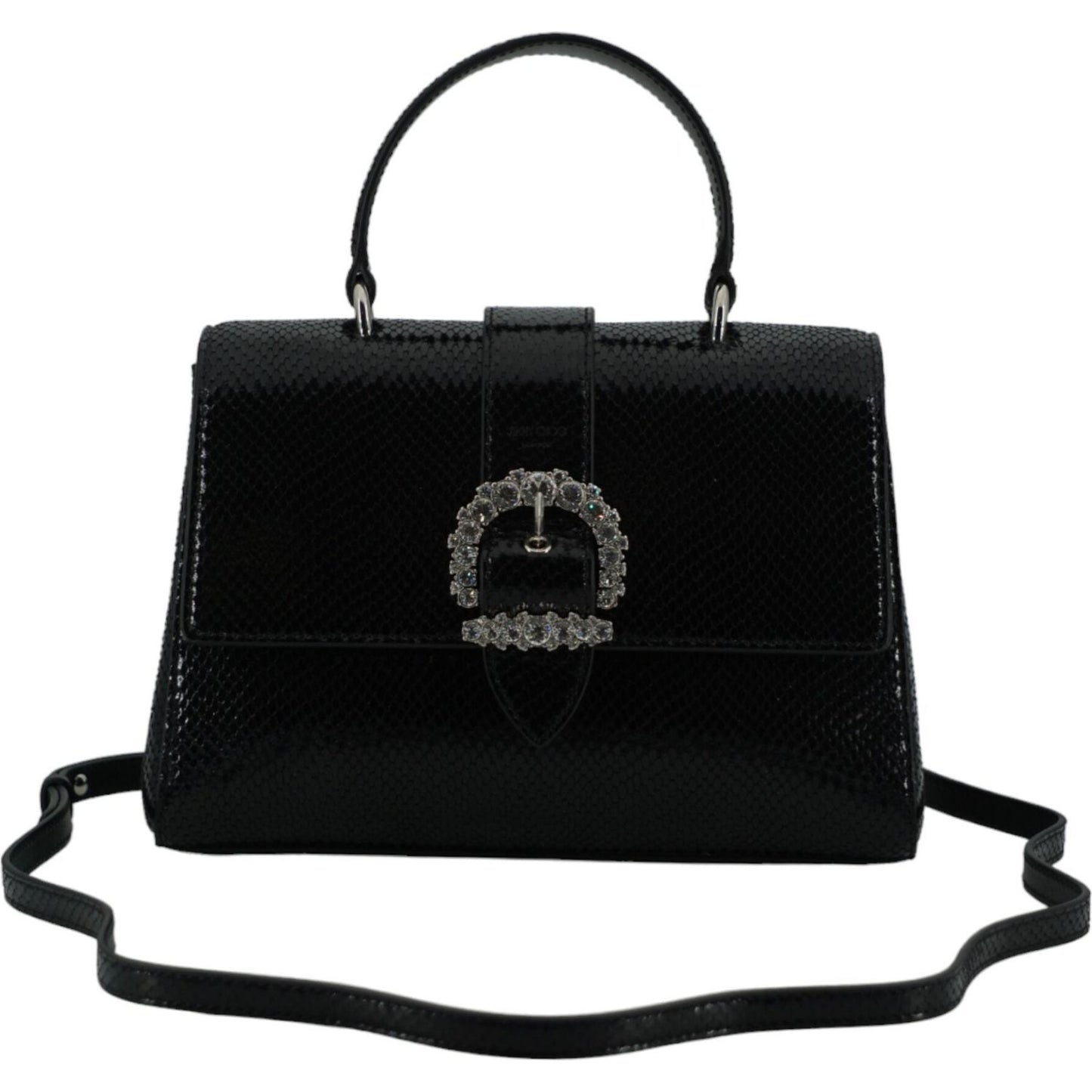 Jimmy Choo black leather top handle shoulder bag with crystal detailed hardware and removable strap, made from lizard printed leather.