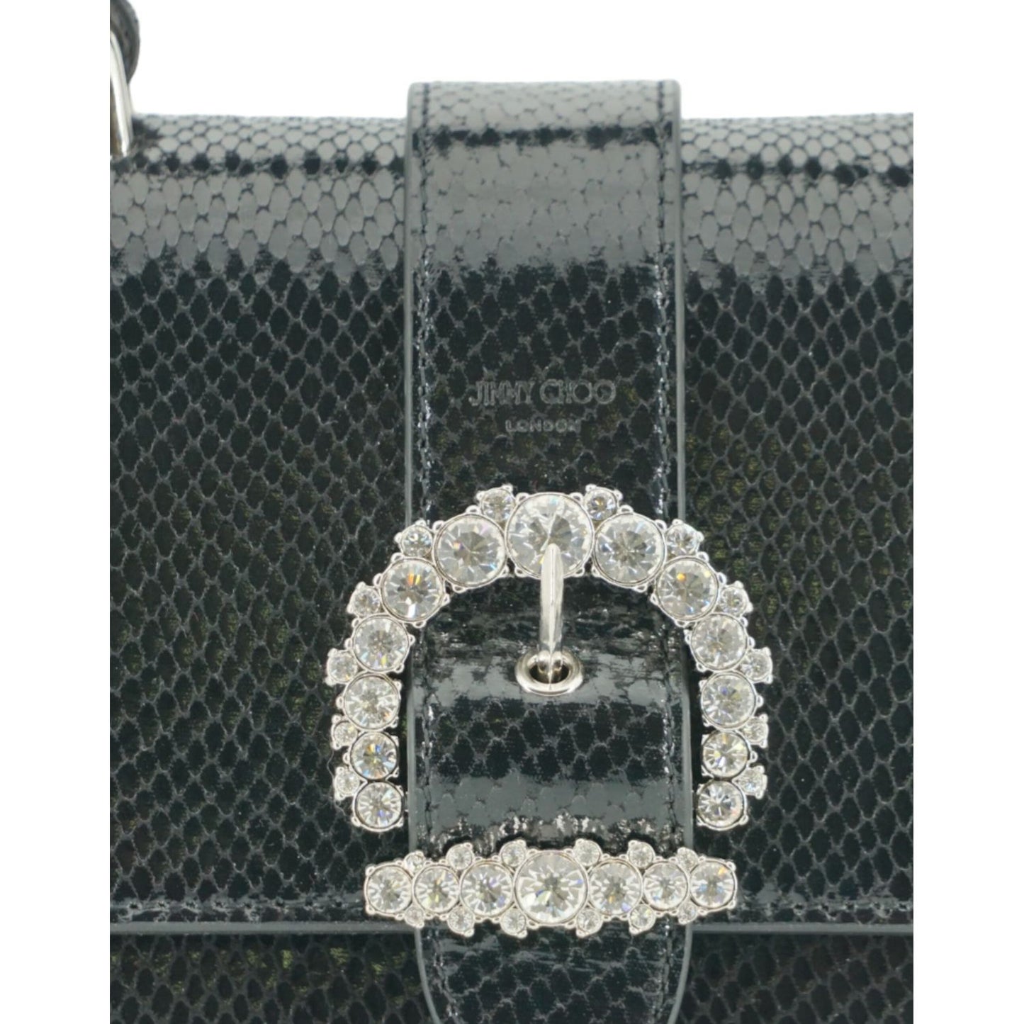 Jimmy Choo black leather handbag with crystal detailed buckle and lizard print texture.