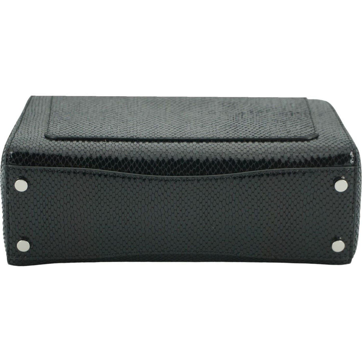 Bottom view of Jimmy Choo black lizard printed leather top handle shoulder bag with metal feet and textured surface.