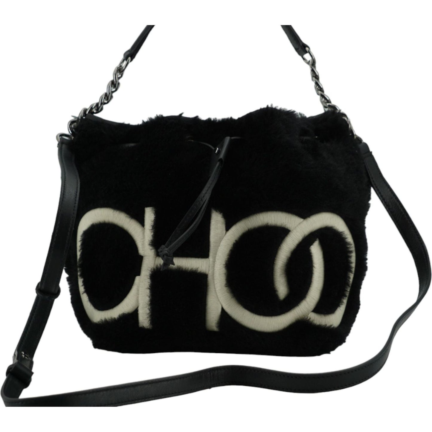 Alt Tag: Jimmy Choo Juno black shearling leather top handle and shoulder bag with chain strap and CHOO logo, new with tags.