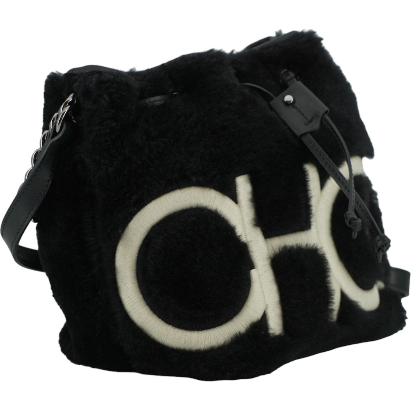 Jimmy Choo black leather shearling bag with logo, top handle and shoulder strap