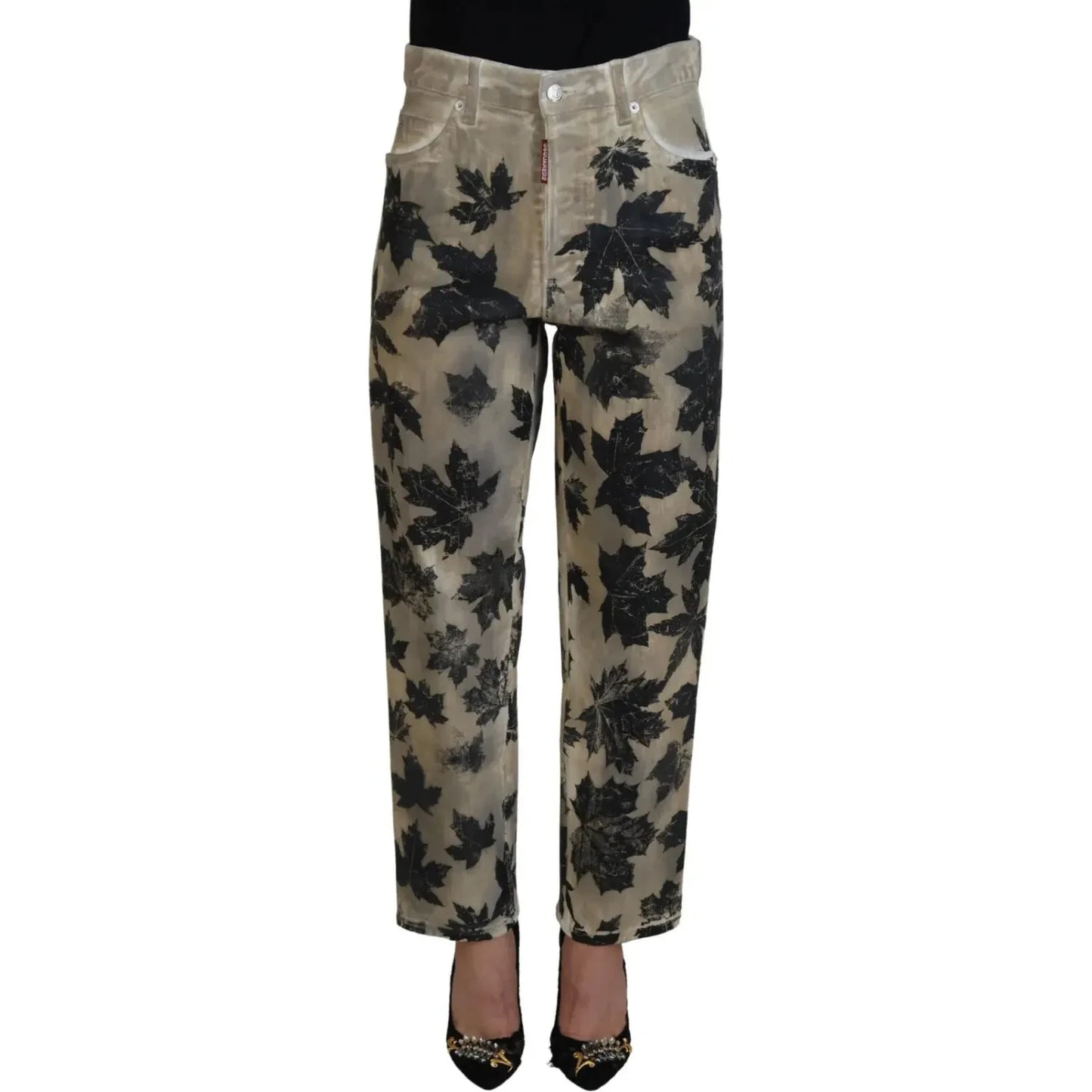 Dsquared² Beige Leaves Cotton High Waist Denim Jeans Boston PAN74517