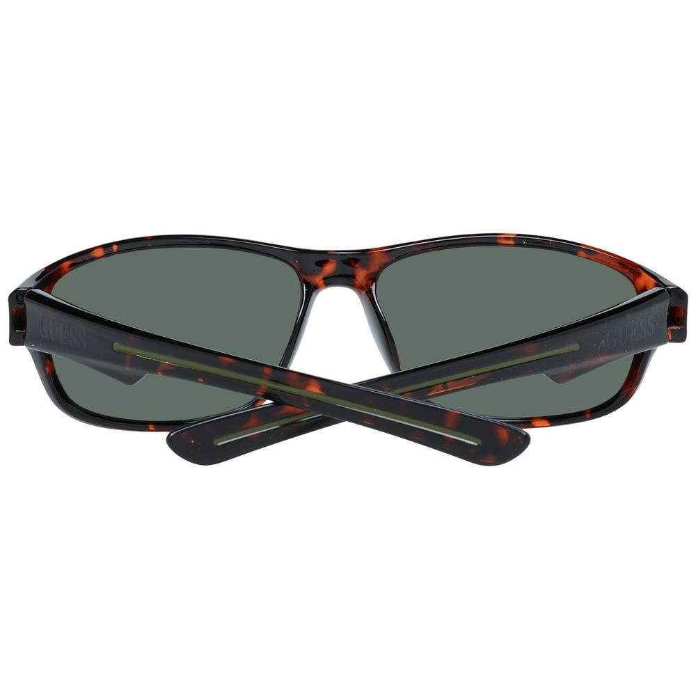 Alt Tag: Guess brown unisex sunglasses, full-rim plastic frame with green lenses, 100% UVA/UVB protection, rectangle style, 62-16-135 size