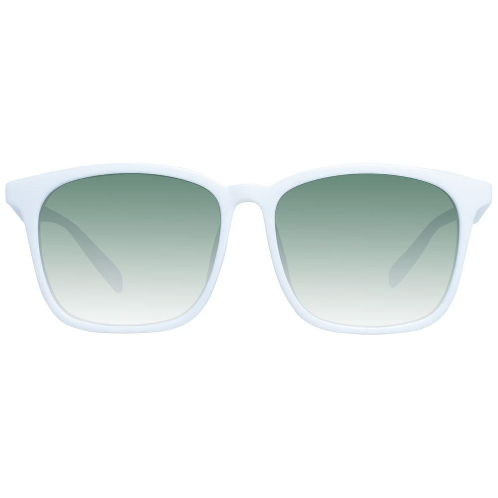 Unisex white trapezium sunglasses with purple gradient lenses, full-rim plastic frame, 100% UVA & UVB protection, size 55-16-145.