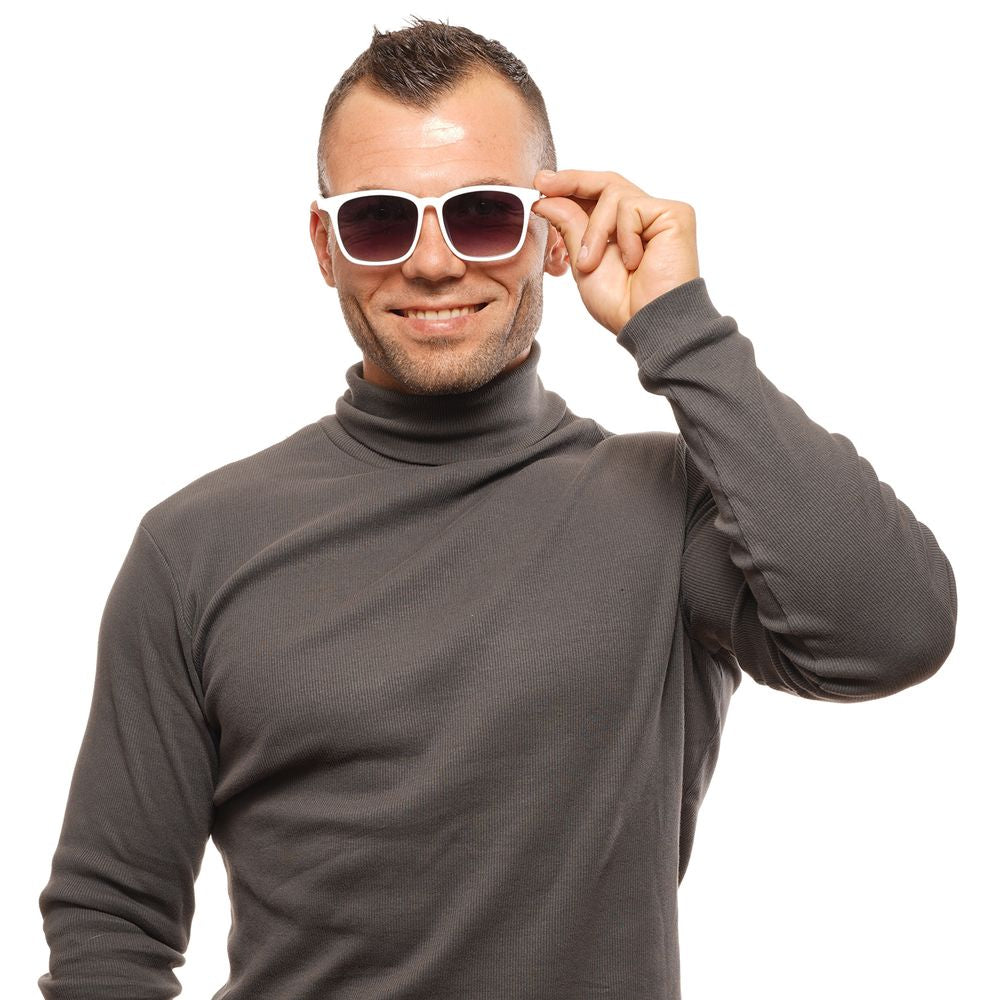 Person wearing Spy White Unisex Sunglasses with purple gradient lenses and full-rim white plastic frame, stylish and modern.