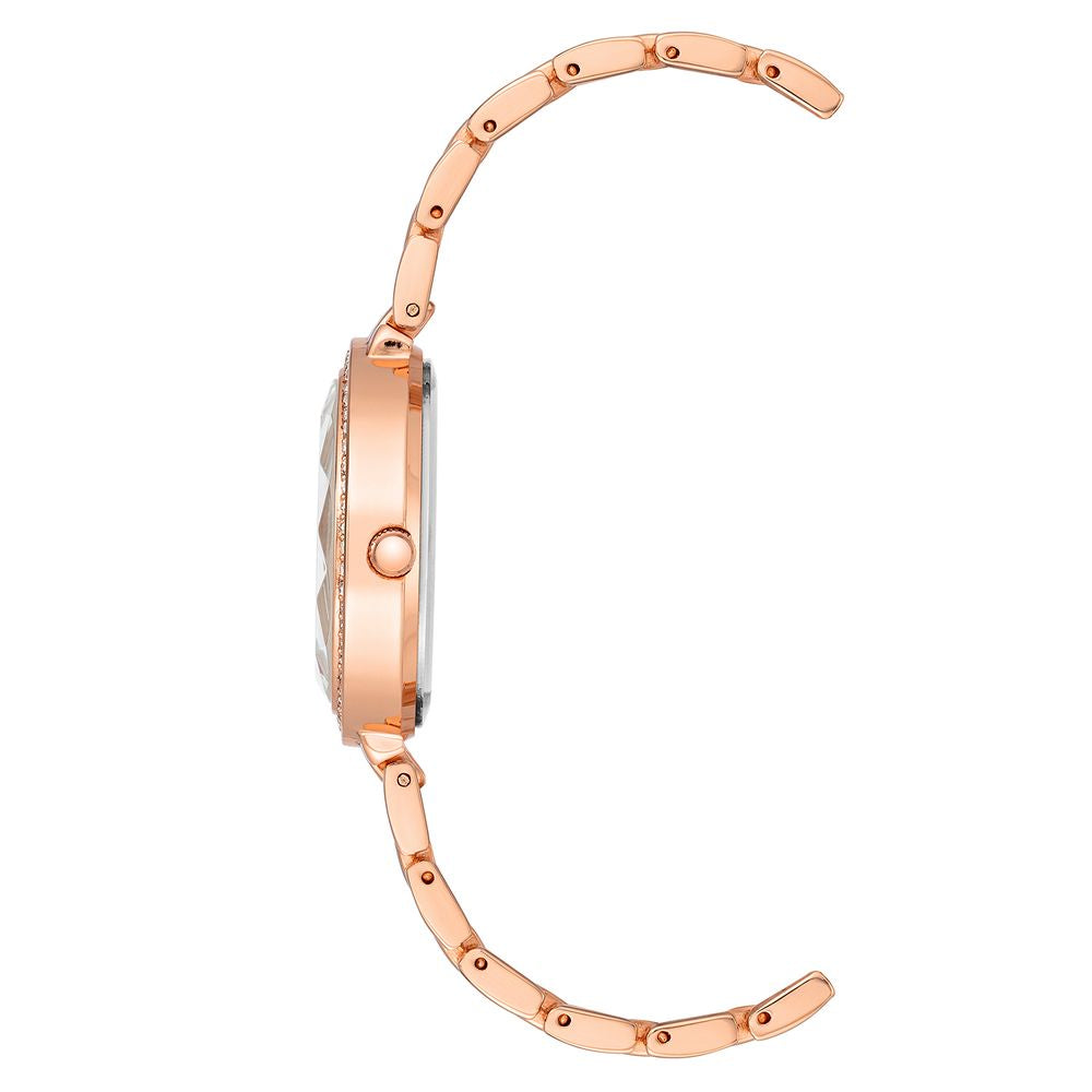 Side view of Juicy Couture Rose Gold Women Watch with quartz movement and rhinestone facing, featuring a metal wristband.