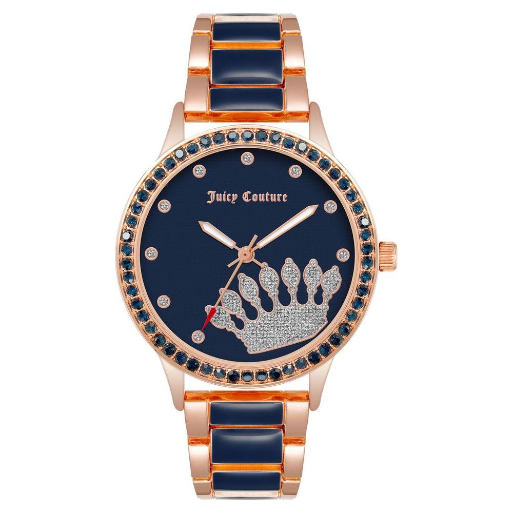 Juicy Couture rose gold women's watch with rhinestone crown design, quartz movement, metal strap, fashion style, in watch box, analog display.