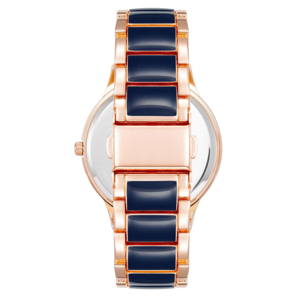 Back view of Juicy Couture Rose Gold Women's Watch with black links, quartz movement, and metal bracelet.