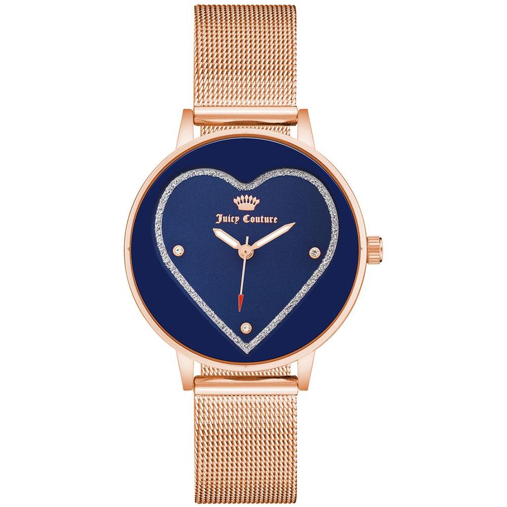 Juicy Couture rose gold watch with blue heart dial and rhinestone accents, stainless steel mesh strap.