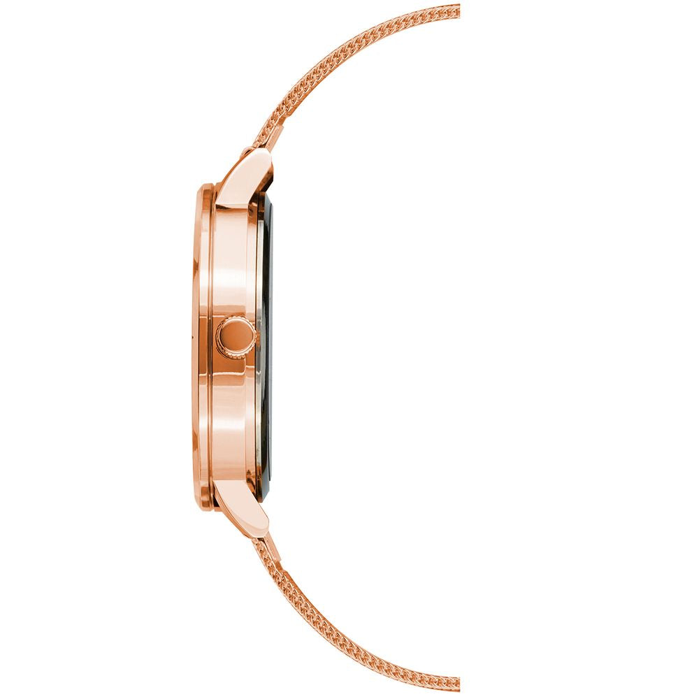 Side view of Juicy Couture Rose Gold Women's Watch with stainless steel mesh strap, featuring analog display and quartz movement.