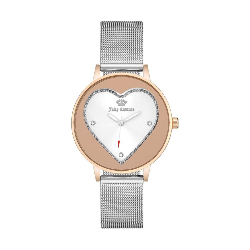 Juicy Couture rose gold women's watch, quartz, analog, with rhinestone heart face and silver stainless steel mesh strap, fashion style.