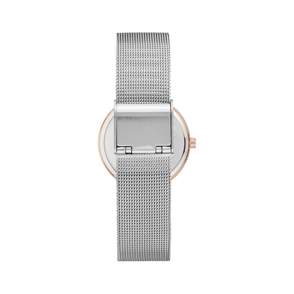 Back view of Juicy Couture Rose Gold Women Watch with silver stainless steel mesh strap and bangle closure.