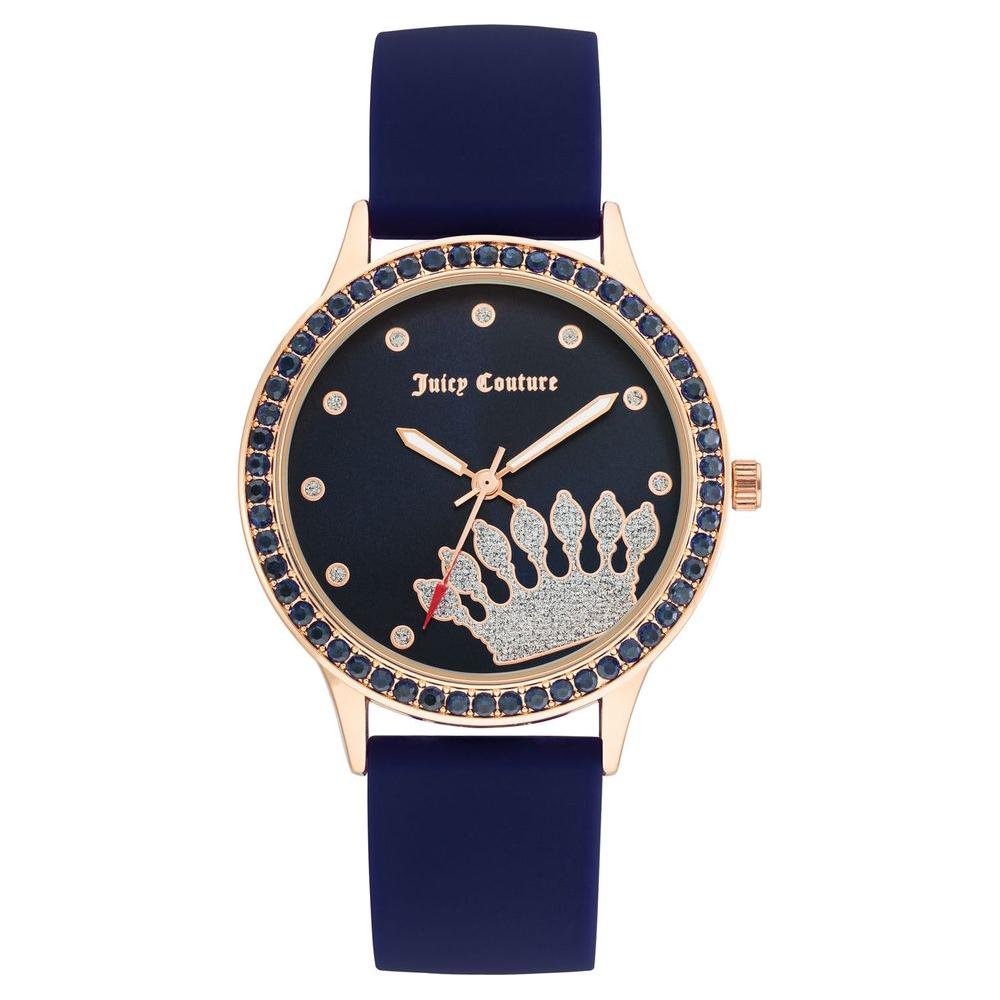 Juicy Couture rose gold women's watch with blue silicone strap, rhinestone design, and quartz movement; elegant fashion accessory.