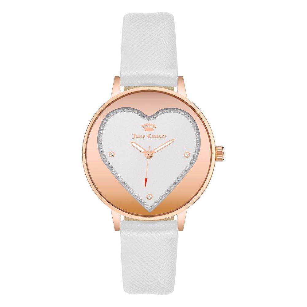 Juicy Couture Rose Gold Women's Watch with White Leatherette Strap, Heart-Shaped Face, and Rhine Stone Detailing, Fashion Style
