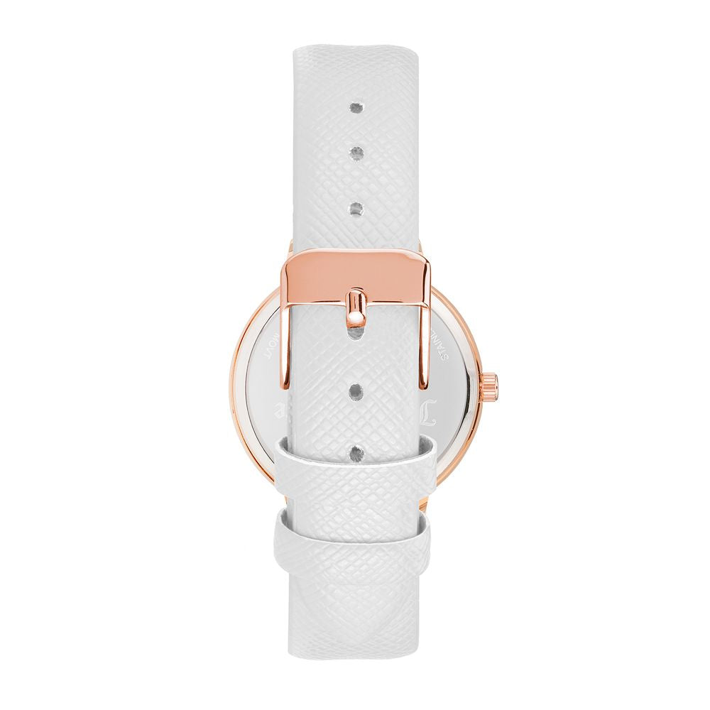 Back view of Juicy Couture Rose Gold Women Watch with white leatherette strap and pin buckle closure.