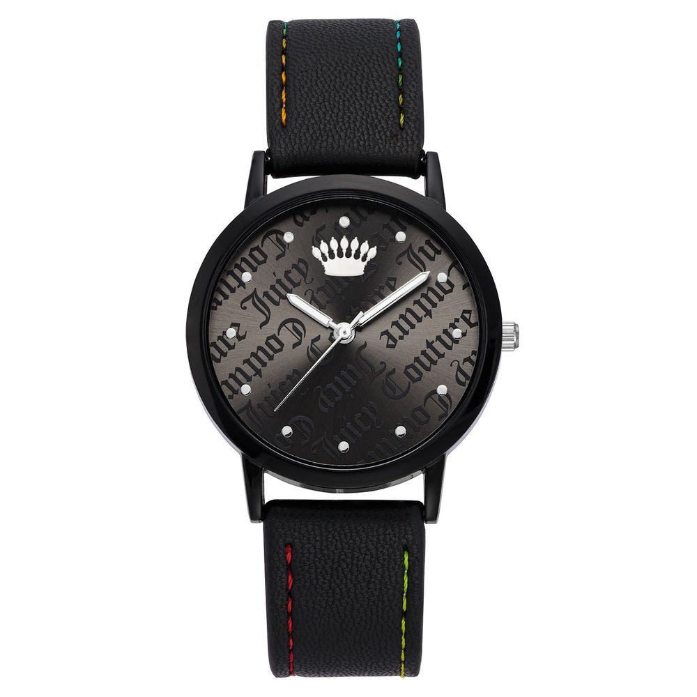 Juicy Couture black women's watch with quartz movement, black leatherette strap, and metal case, featuring analog display.