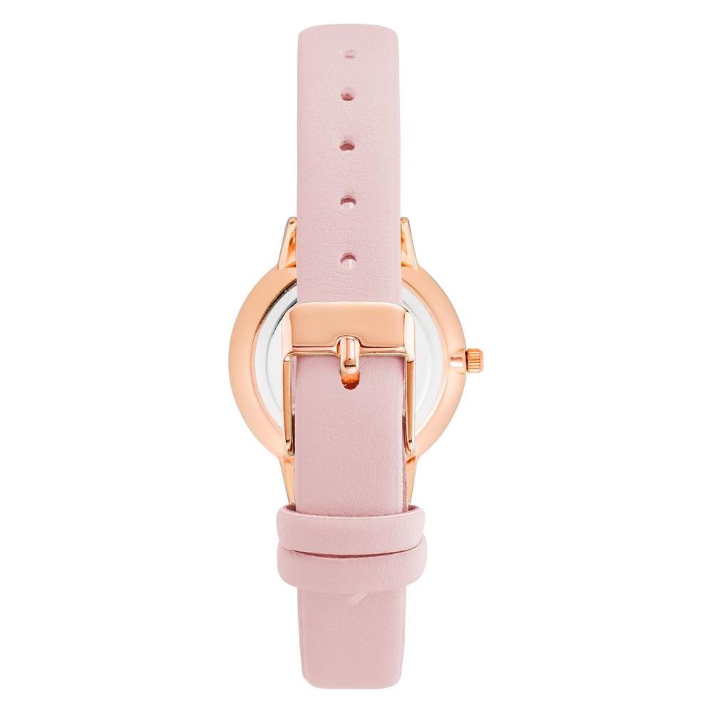 Back view of Juicy Couture rose gold women’s watch with a leatherette strap and pin buckle closure, showcasing fashion style.