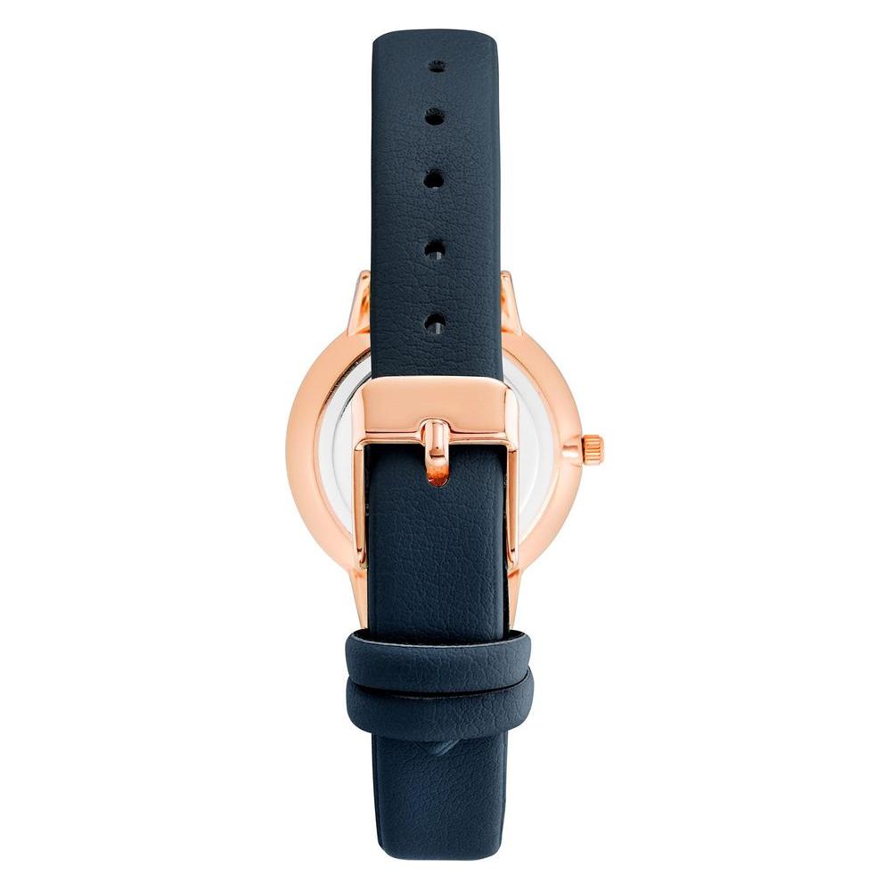 Back view of Juicy Couture Rose Gold Women's Watch with blue leatherette strap and pin buckle closure.