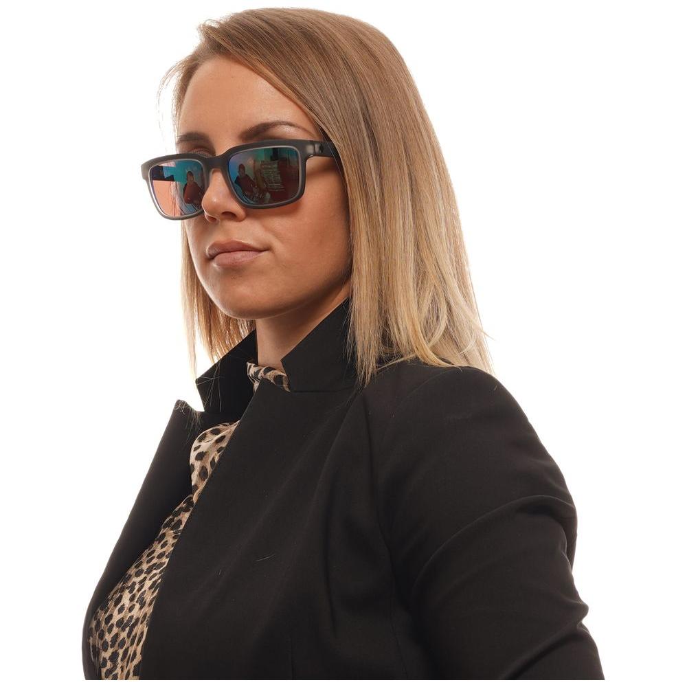 Spy Gray Unisex Sunglasses with green mirrored lenses, full-rim grey plastic frame, worn by a person in formal attire.