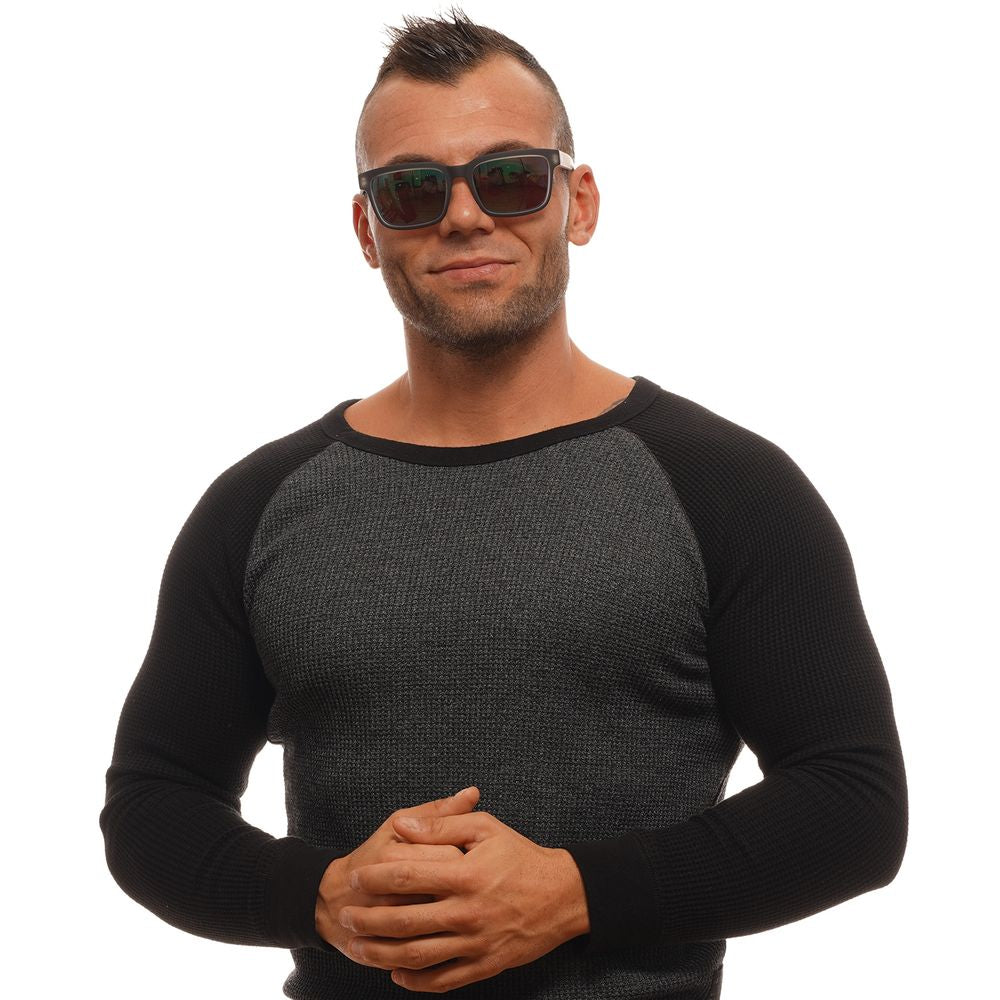 Man wearing Spy Gray Unisex Sunglasses with green mirrored lenses and gray plastic frame, stylish rectangle design for 100% UV protection.