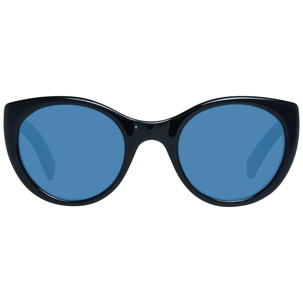 Ermenegildo Zegna black unisex polarized sunglasses with blue lenses, full-rim plastic frame, 100% UVA & UVB protection.
