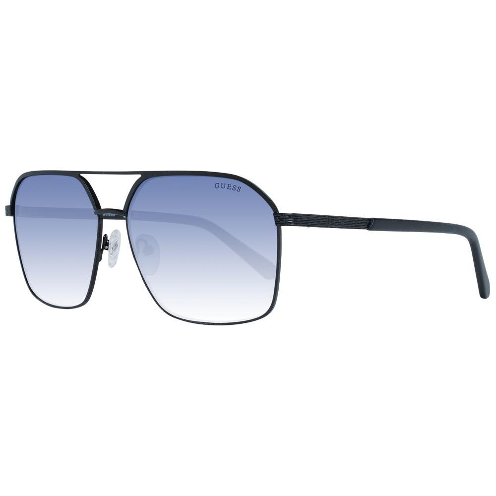 Guess black aviator sunglasses for men with full-rim metal frame, blue mirrored gradient lenses, 100% UVA/UVB protection.