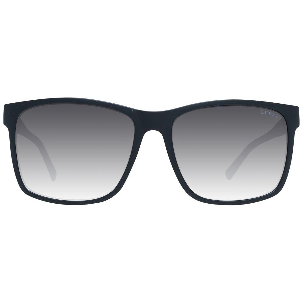 Guess black men's square sunglasses with black plastic frames, grey mirrored gradient lenses, and full UVA & UVB protection.