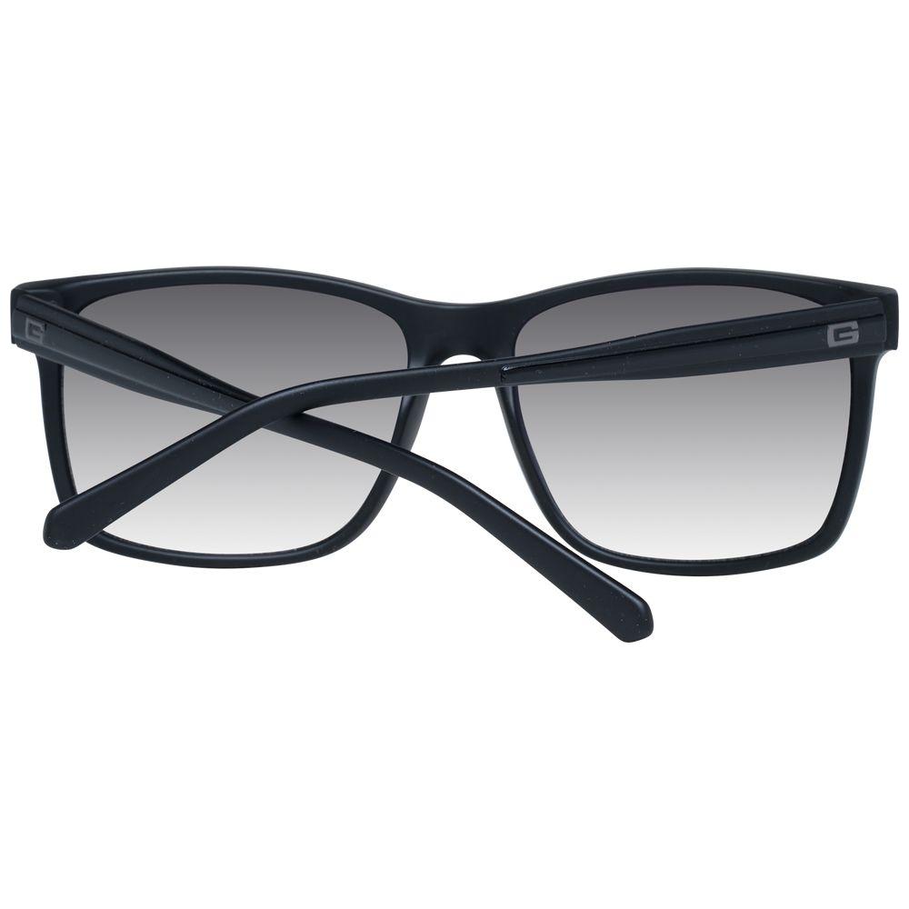 Guess black men's sunglasses with black plastic frame, grey mirrored gradient lenses, square style, UVA & UVB protection.