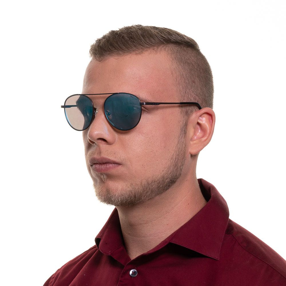 Man wearing Gant gray metal oval sunglasses with blue mirrored lenses.