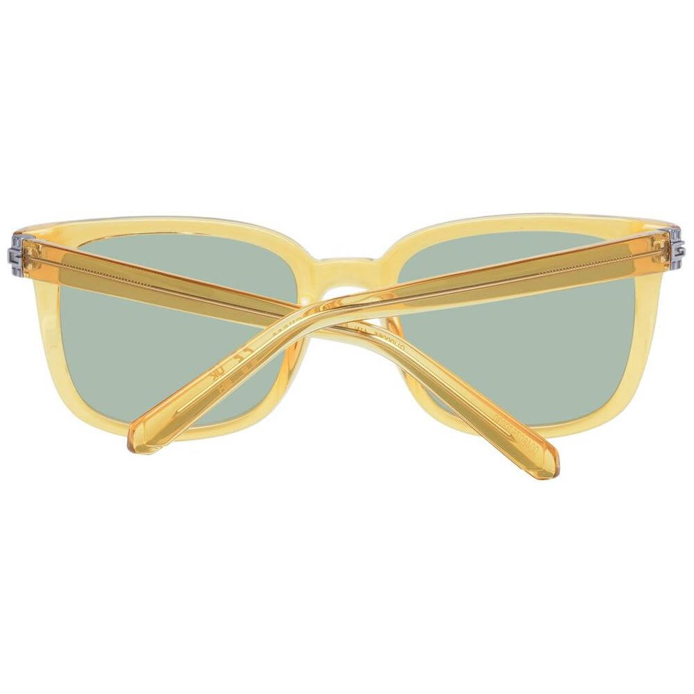 Guess yellow men's sunglasses with green lenses, plastic full-rim frame, 100% UVA & UVB protection. Includes branded case.