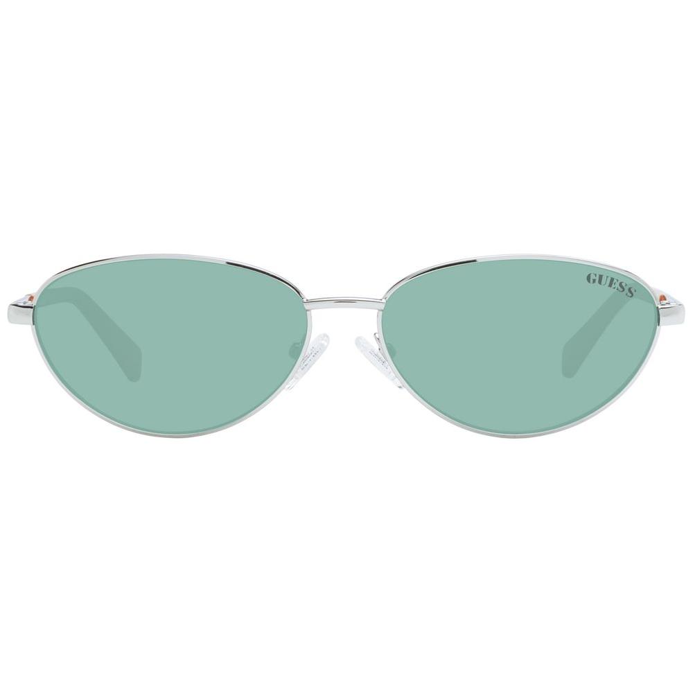 Guess unisex silver sunglasses with green lenses, metal full-rim oval frame, 100% UVA UVB protection, includes branded case.