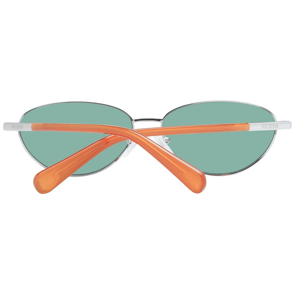 Guess Silver Unisex Sunglasses with green lenses, silver metal full-rim frame, and orange temples. Includes branded case.