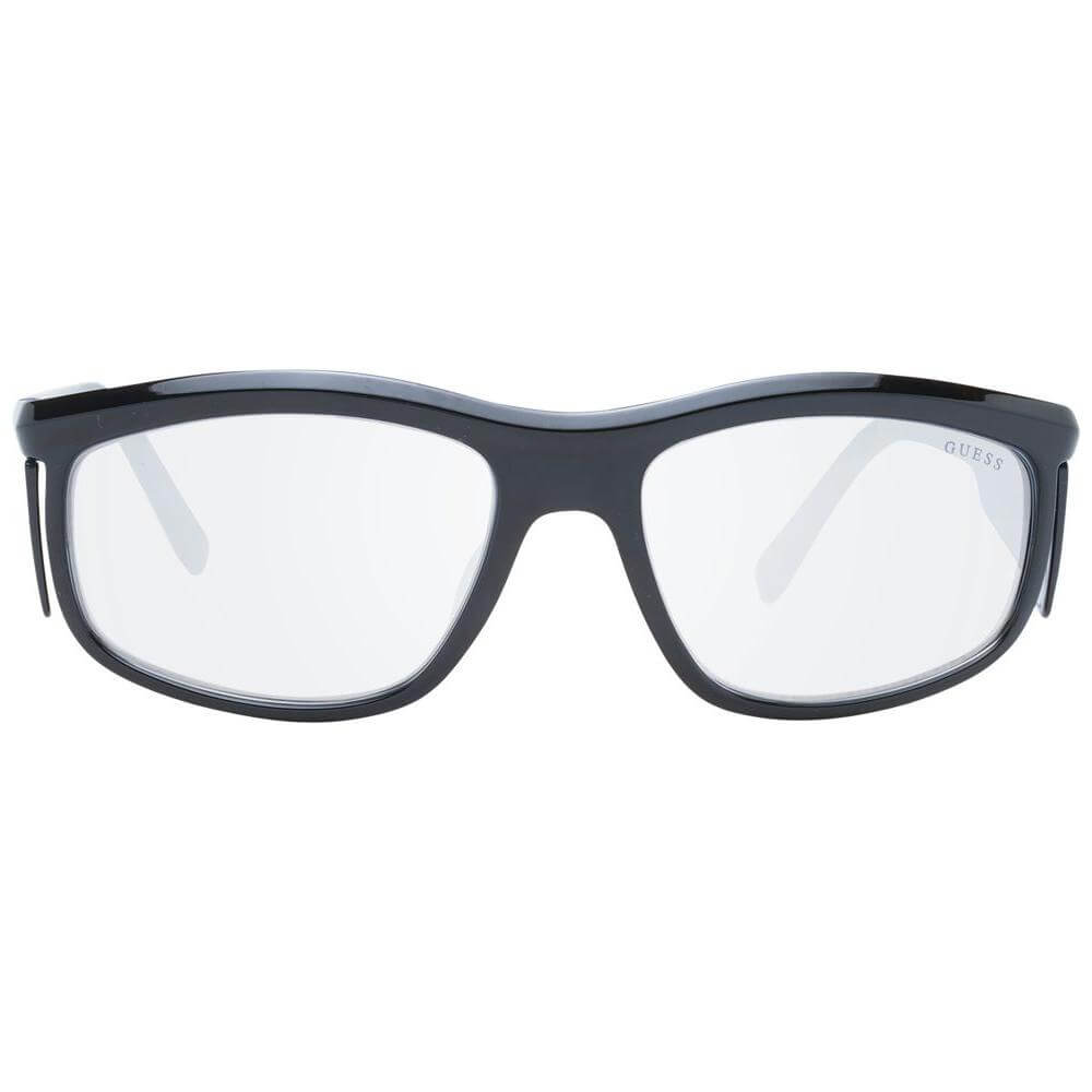 Guess black men's sunglasses with grey mirrored lenses, plastic frame, full-rim rectangle style. Includes branded case. 100% UVA & UVB protection.