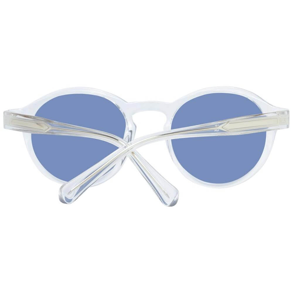White men's round sunglasses with blue lenses, plastic full-rim frame. Modern design, offers 100% UVA, UVB protection. Size 50-21-145.