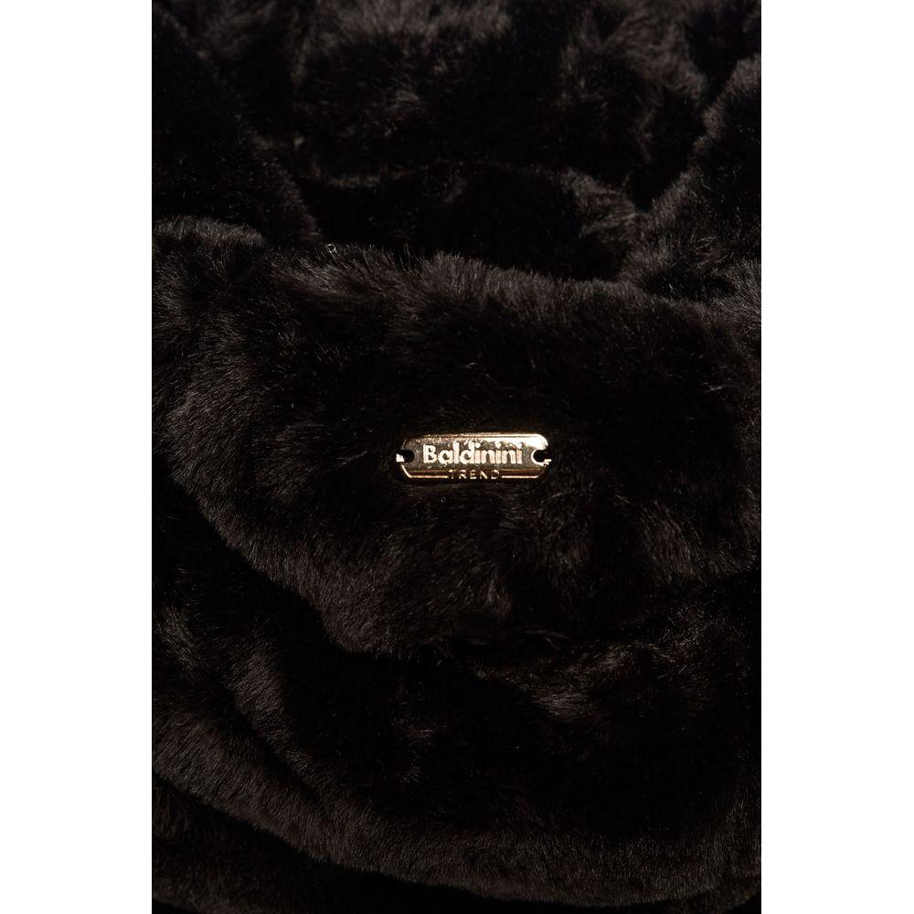 Close-up of Baldinini Trend black faux fur jacket with metal monogram, highlighting luxurious eco-conscious design.
