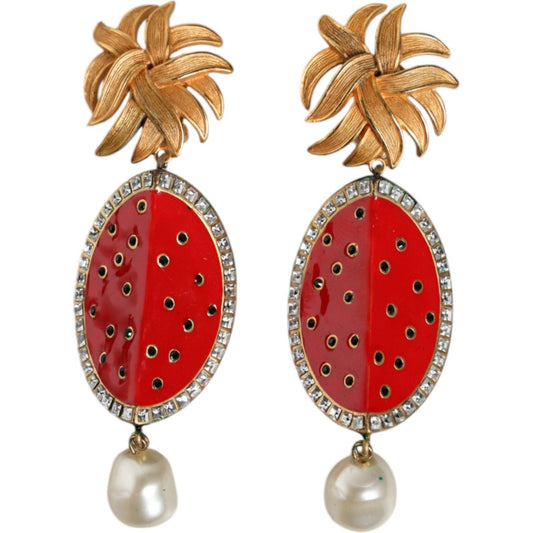 Dolce & Gabbana Red Watermelon Gold Brass Crystal Clip Dangling Earrings Earrings