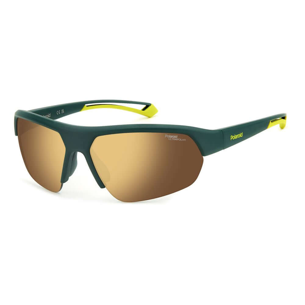 Polaroid unisex green resin sunglasses PLD7048SGP7G6 with gold accents, 100% UV polarized protection, lens size 65mm, bridge 17mm, temple 130mm.