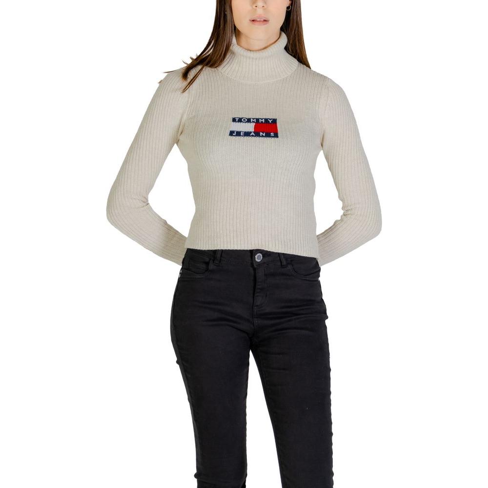 Tommy Hilfiger beige recycled polyester sweater for women, fall winter knitwear collection, featuring logo design.