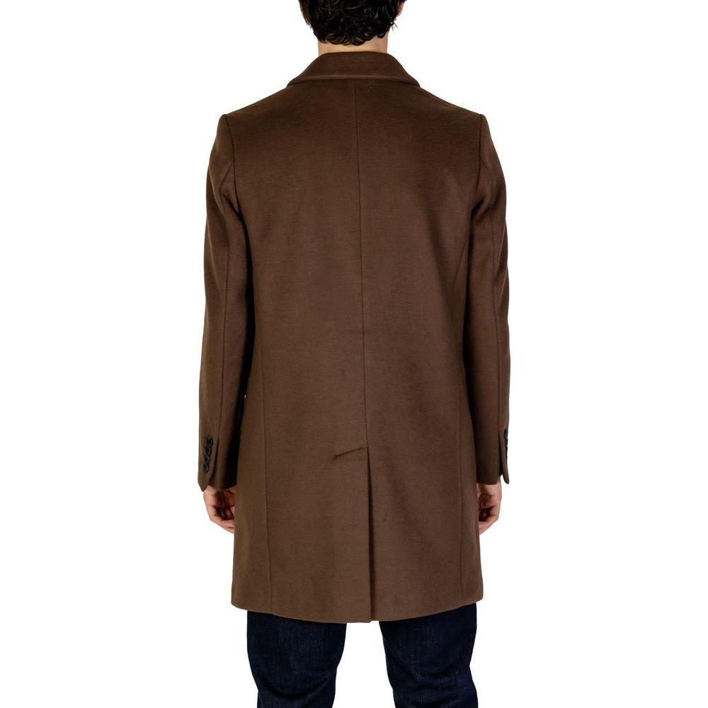 Back view of Antony Morato brown polyester jacket, part of men's fall/winter collection, made from 86% polyester and 14% viscose.