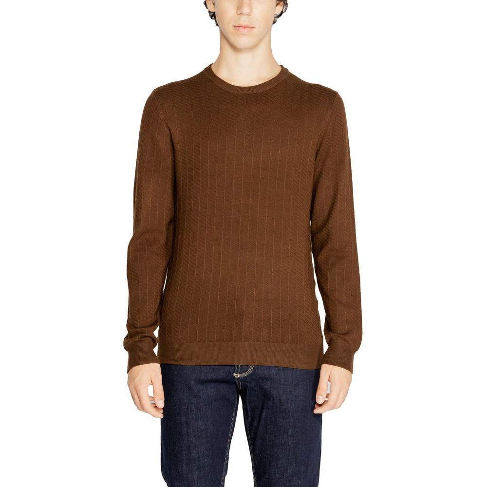 Antony Morato brown viscose sweater for fall/winter, men's knitwear, with ribbed details and comfortable fit.