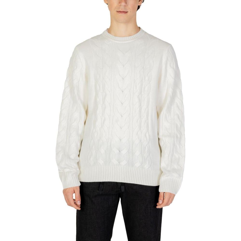 Men's Hamaki-Ho white acrylic sweater, fall/winter knitwear, 70% acrylic and 30% nylon, crew neck design, casual style.