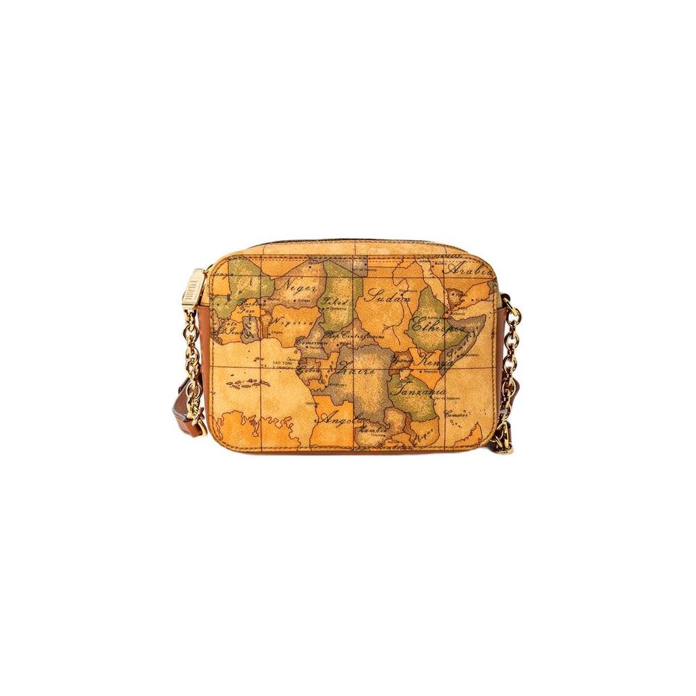 Alviero Martini Prima Classe beige cotton handbag with map print, elegant small women's bag.