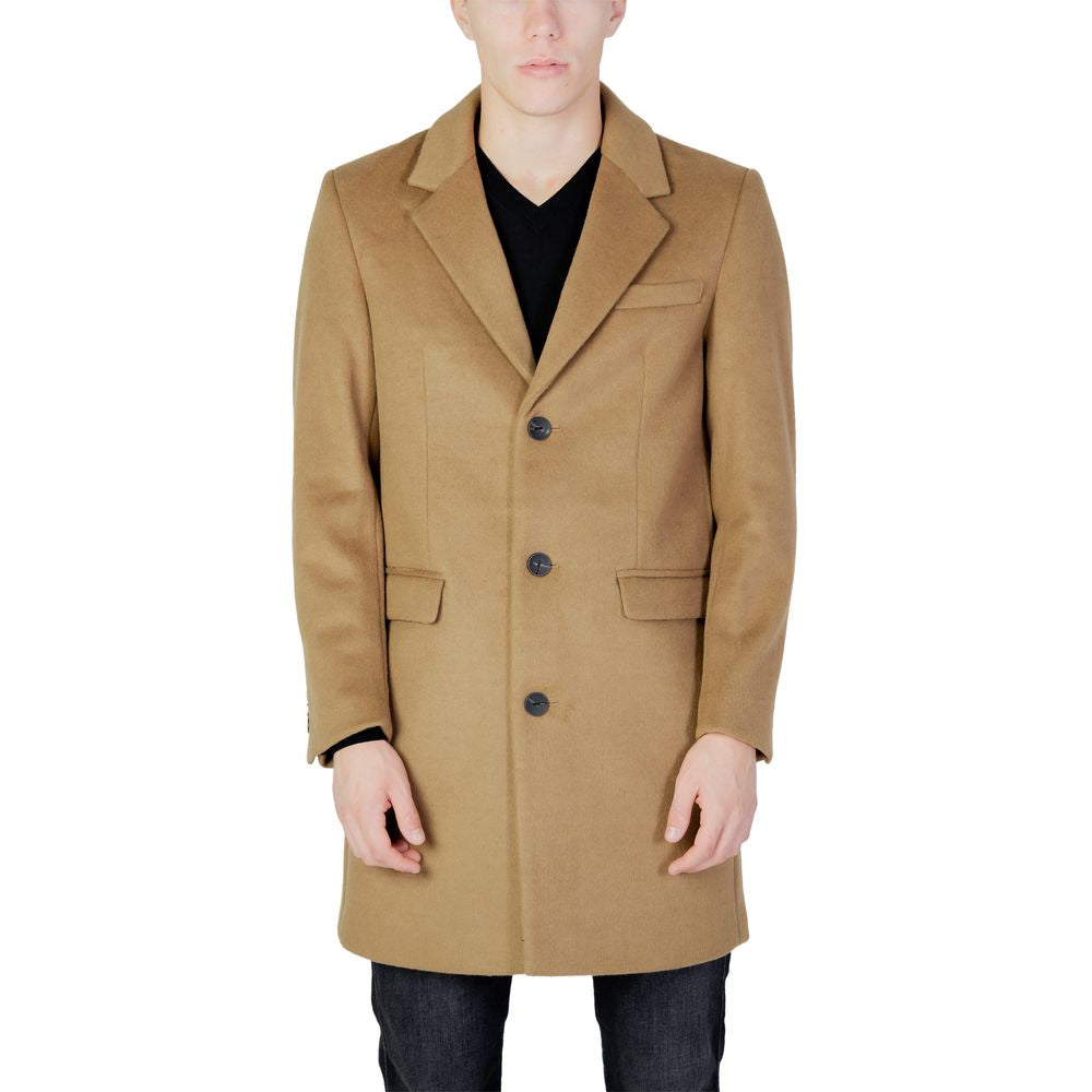 Antony Morato beige polyester men's coat for fall/winter collection, featuring button closure and long sleeves.