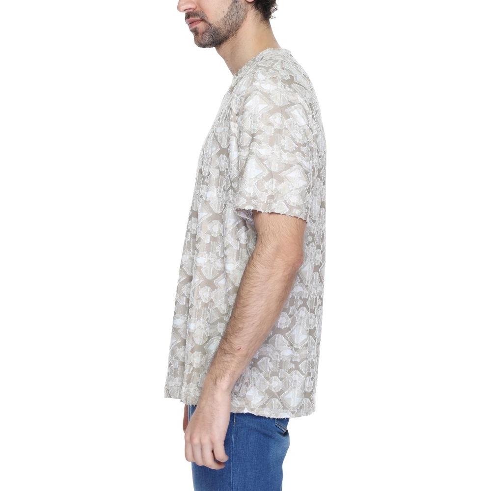Antony Morato beige polyester T-shirt with spring/summer design, featuring 60% polyester and 40% viscose, side view.