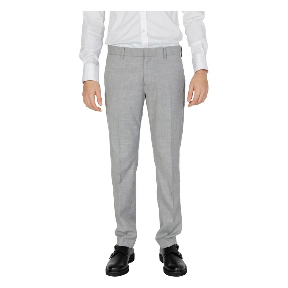Antony Morato gray polyester men's suit pants, spring/summer collection. 83% polyester, 15% viscose, 2% elastane blend.