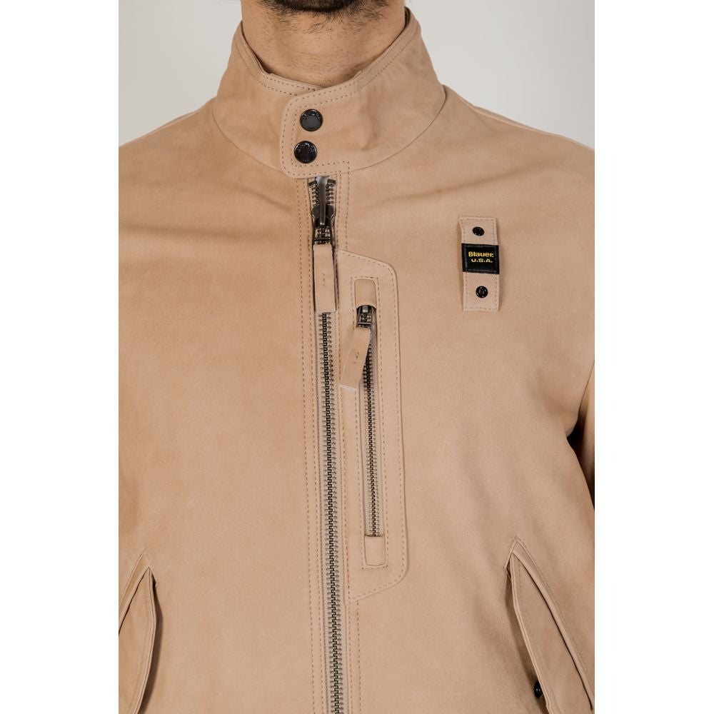 Men's Blauer beige leather jacket for spring/summer collection featuring high collar and zipper detailing, 100% leather.