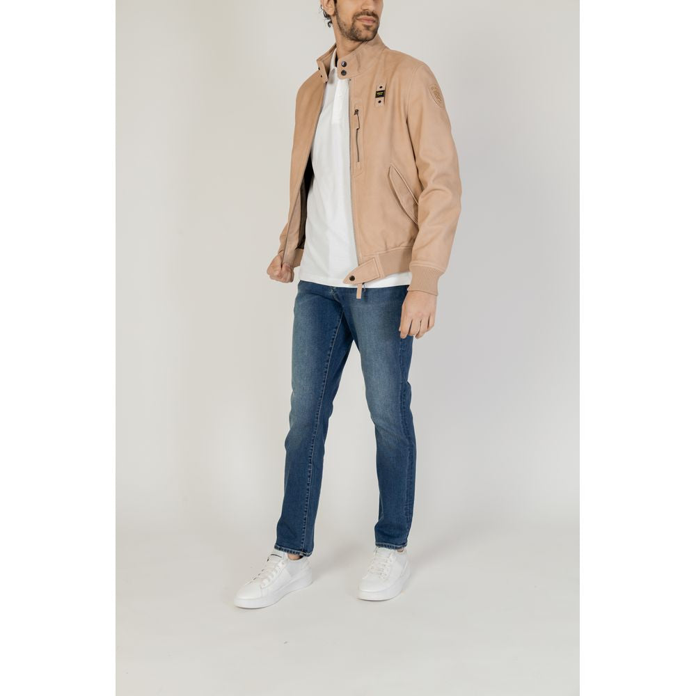Alt Tag: Men's Blauer Beige Leather Jacket, Spring/Summer Collection, 100% Leather, modeled with jeans and a casual outfit.