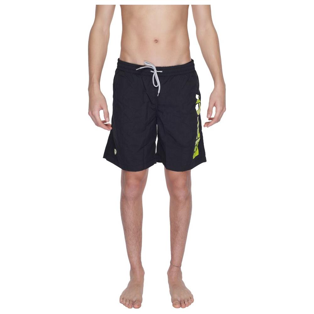 Men's Blauer black polyamide swimwear, spring/summer collection, with white drawstring, 75% polyamide, 25% polyester.