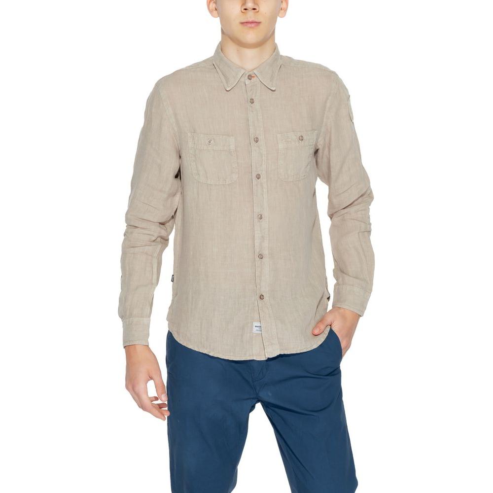Men's beige long-sleeved linen shirt, spring/summer collection, 100% linen, casual style, front view.
